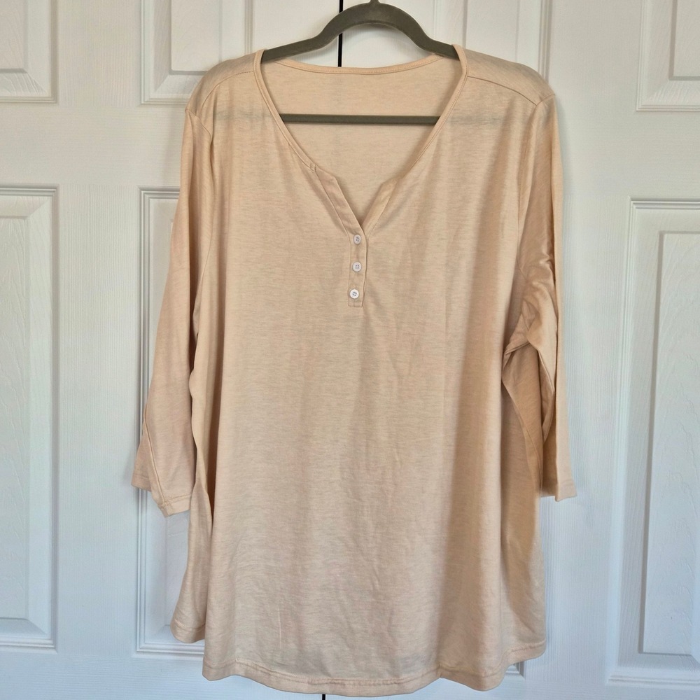Apricot Henley V-Neck 3/4 Sleeve Top XXXL Slub Knit Relaxed Fit Shirt Plus Comfy